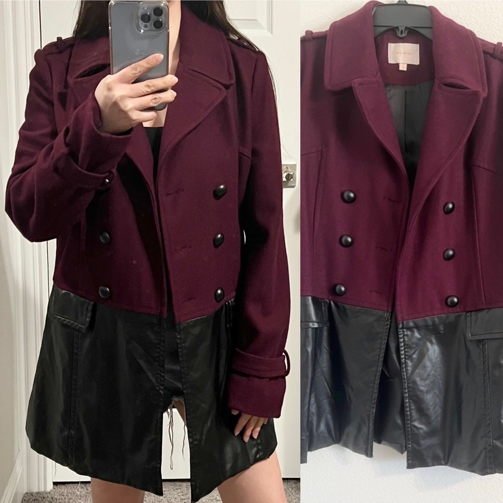 Skies are Blue Wool and Cotton blend with faux leather Pea Coat